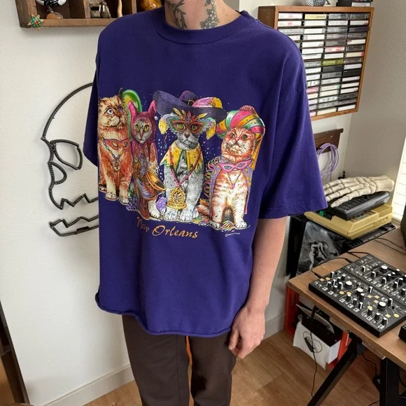 Vintage 90s Cropped New Orleans Mardi Gras Cat Front & Back Graphic Tee ~Size XL - Picture 4 of 9